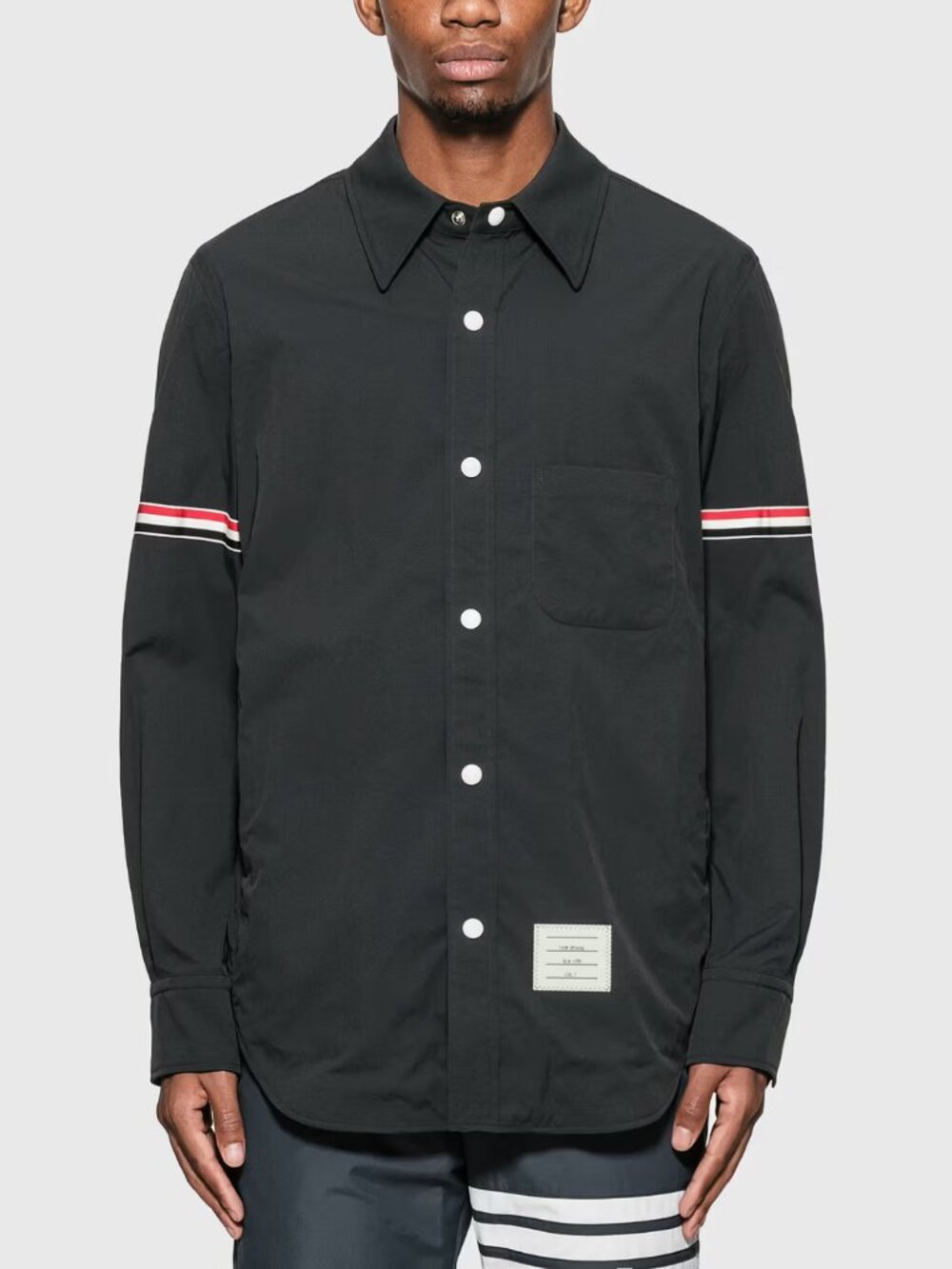 THOM BROWNE Black Cotton Twill Grosgrain Armband Button Down Shirt, Size 4/XL